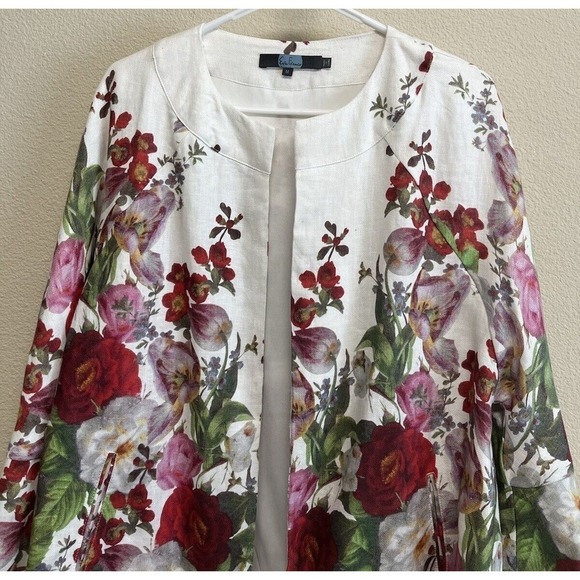 Eva Franco Anthropologie Rose Linen Blazer Cardigan Size M Floral Open - Picture 2 of 12